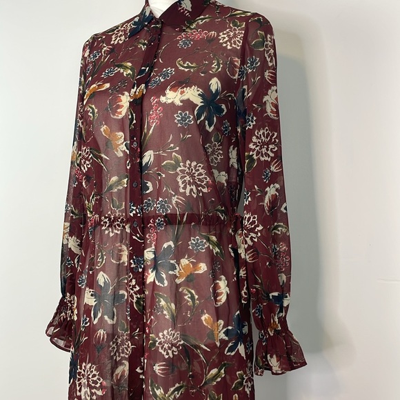 Zara Basic Maroon Floral Semi Sheer Long Cardigan Length Blouse. Size XS - Picture 6 of 16